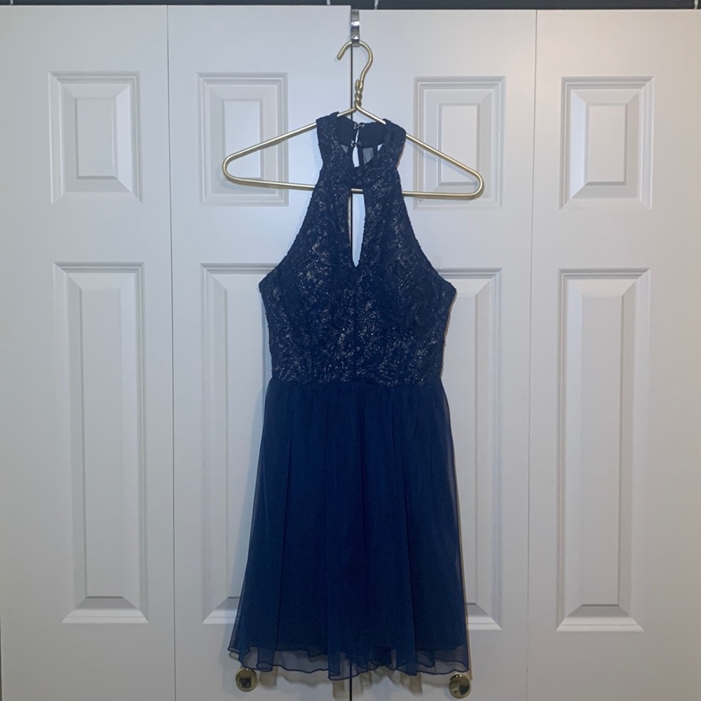 David’s Bridal Short Dark Blue/Gold Dress; Size 7